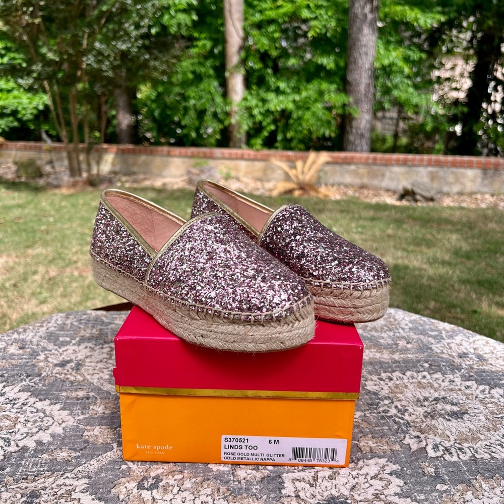 NWB - Kate Spade Rose Gold Glitter Espadrilles - Size 6 - Picture 11 of 14